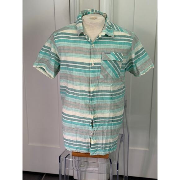 COLUMBIA SHORT SLEEVE BUTTON UP REGULAR FIT light green  PLAID MENS MEDIUM - Picture 1 of 6